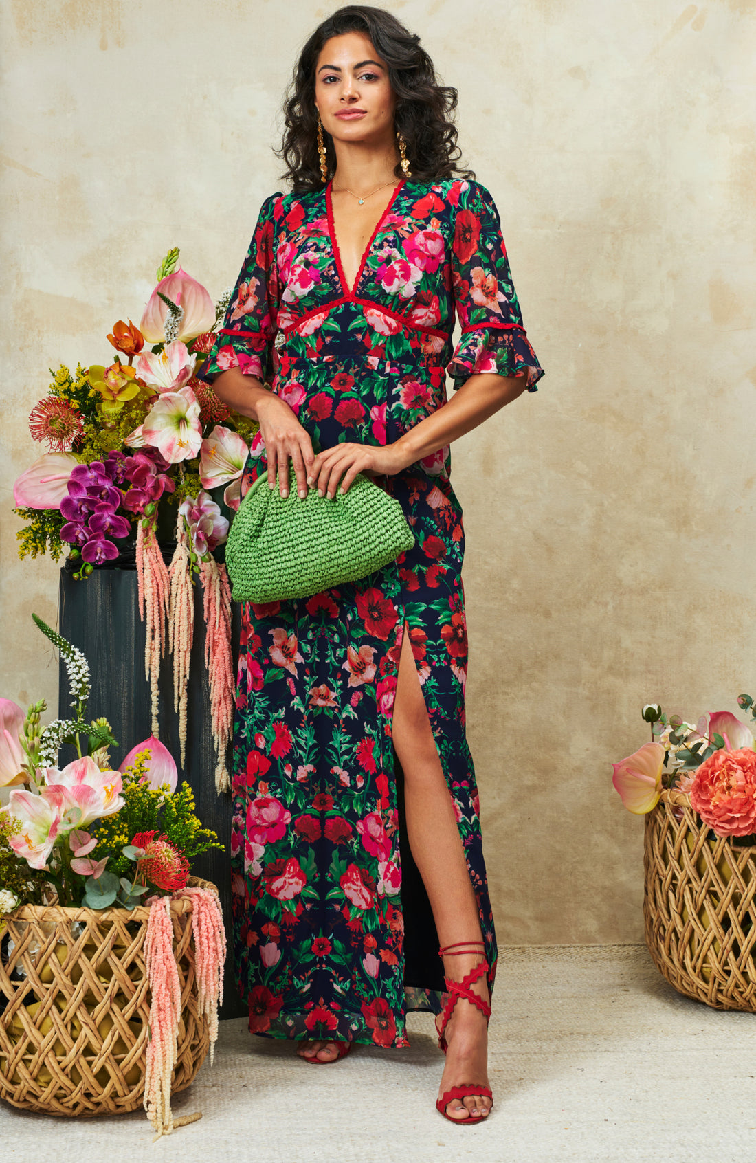 Hope &amp; Ivy Jemma Frill Sleeve Thigh Split Open Back Maxi Dress with Lace Trim