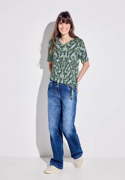 Cecil V Neck  Burnout T Shirt with Side Tie Green 32119