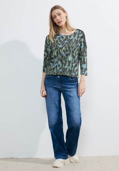 Cecil Print T Shirt with Rib Shoulder detail Pink Or Green 321137