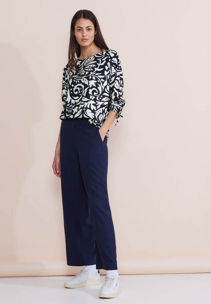 Street One Navy and ~White Blouse with Gathered sleeve detail 344575