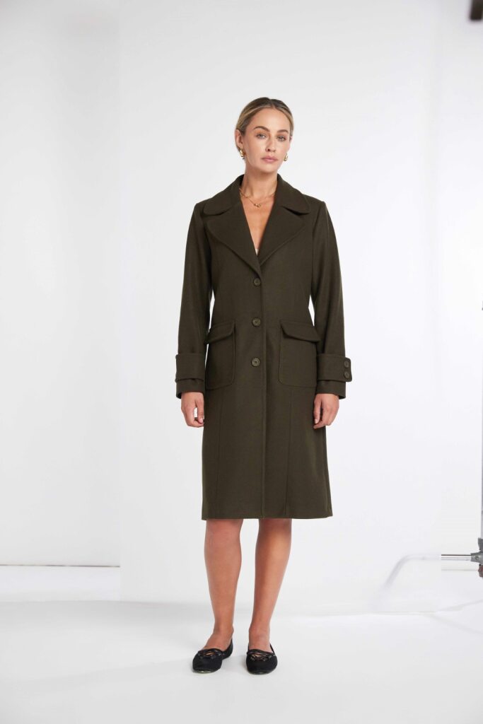 Kate Cooper Wool Blend Single breast coat in Military Green