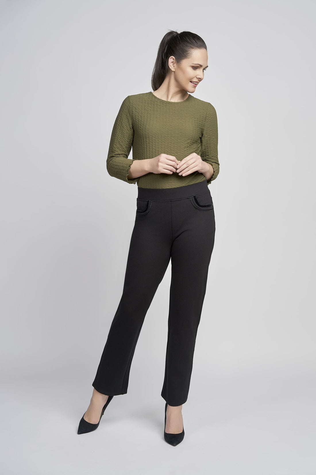 Pinns Figure Sculpting Jean Style Trouser With Crystal and Velvet Pocket Detail405T Black