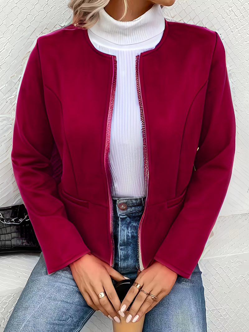 Yew Suede feel collarless jacket with 3/4 sleeves in Burgundy