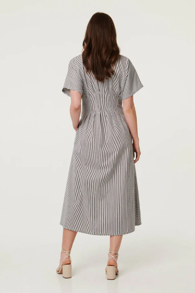 Stella Morgan tan and black Pinstripe shirt dress with pockets