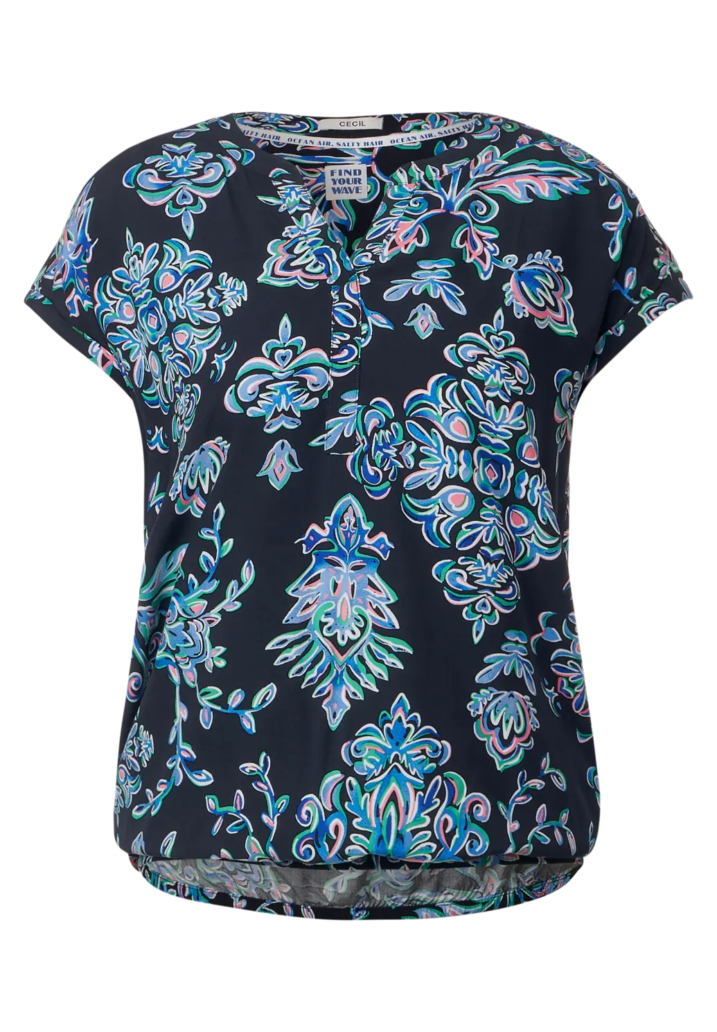 Cecil short sleeve ornamnet print blouse in white or navy 344025