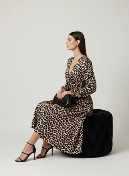 V Neck Jersey Midi Dress in Leopard print
