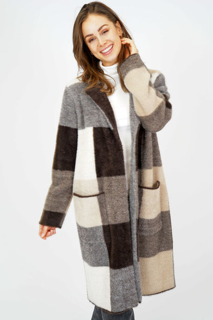 M.X.O. Feather yarn Faux Fur Coat in Brown check print  51297