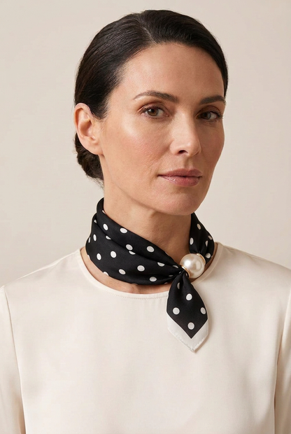 Black and White Polka dot scarf with pearl magnetic clasp