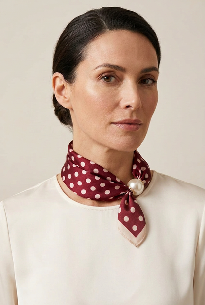 Burgundy and Pink Polka Dot scarf with Pearl Magnetic clasp