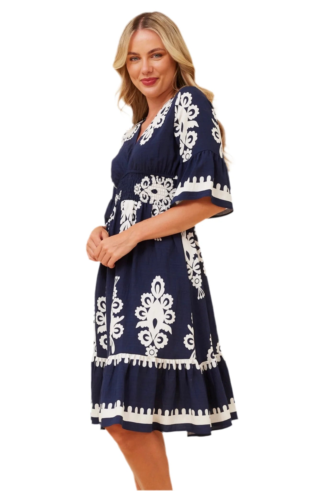 iKAT Print dress with Shirred waist, half sleeve and pockets Black Or Navy