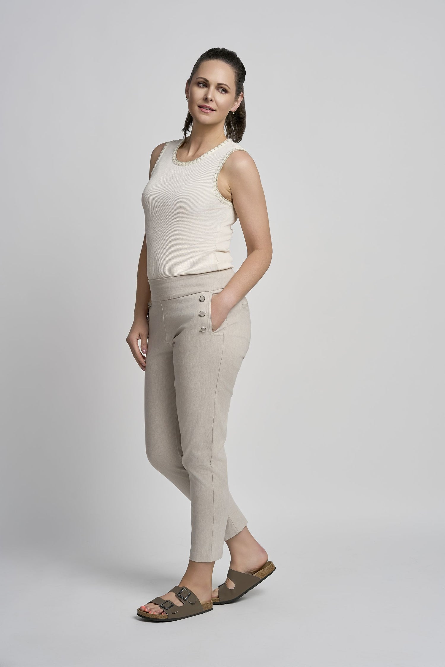 Pinns Tummy Control stretch Ankle Grazer Trousers with Button Down Feature 579Ct