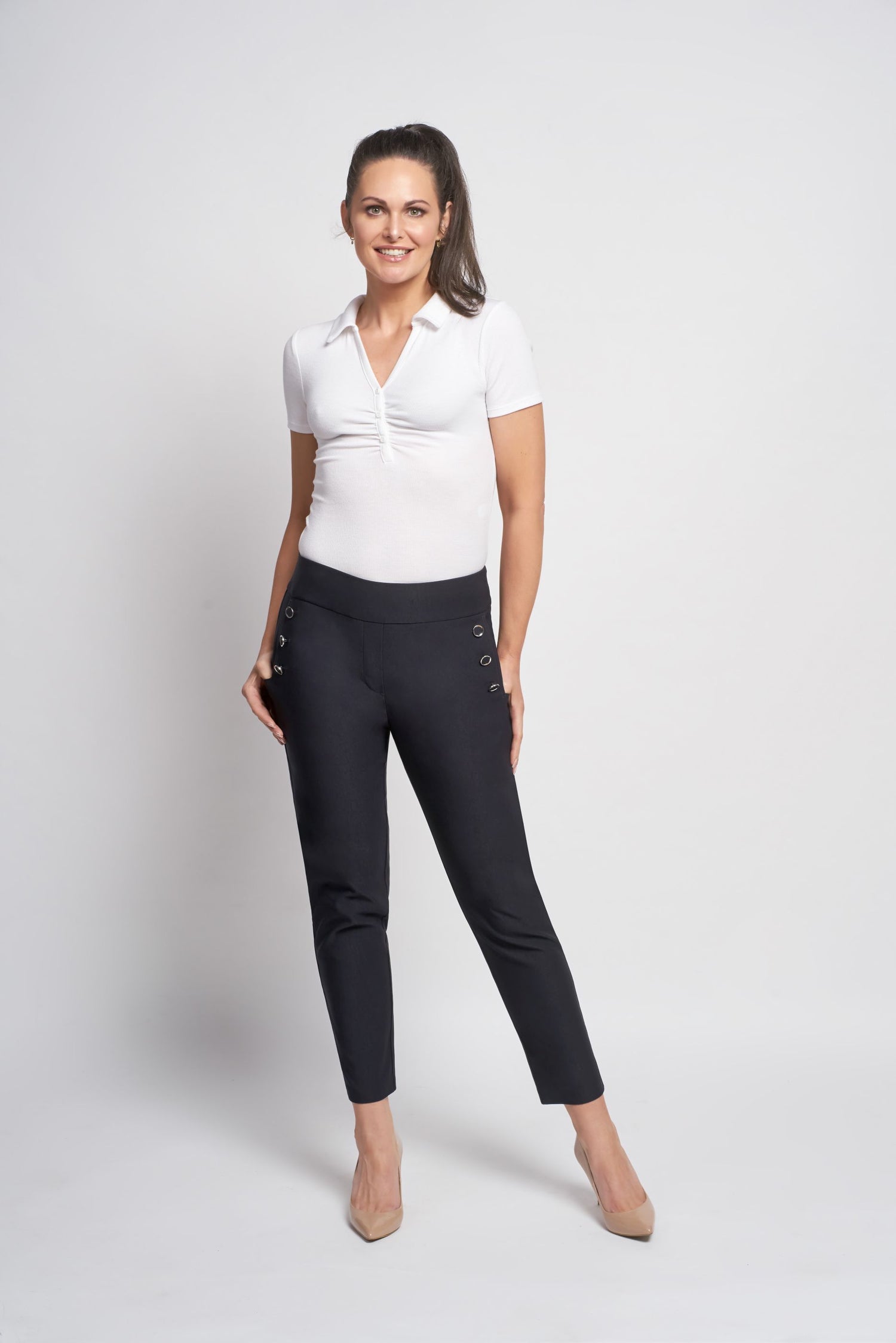 Pinns Tummy Control stretch Ankle Grazer Trousers with Button Down Feature 579Ct