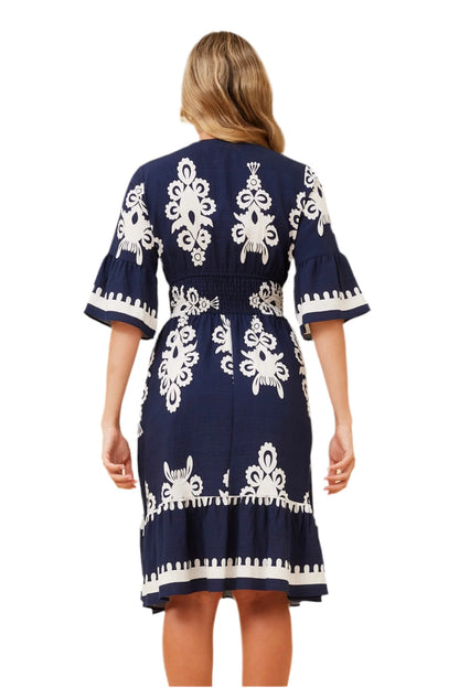 iKAT Print dress with Shirred waist, half sleeve and pockets Black Or Navy