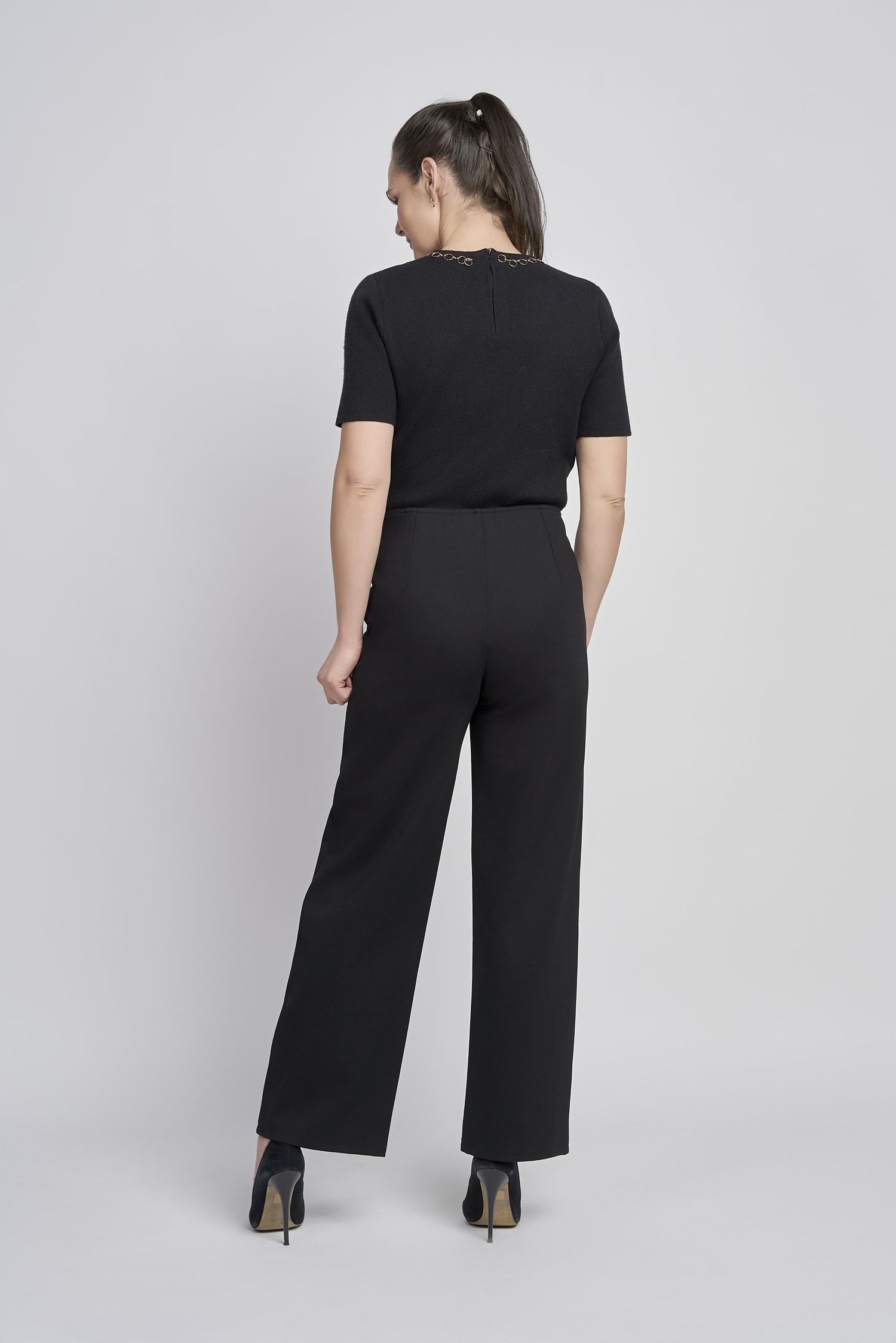 Pinns Wide leg Ponte Trouser with Button Detail. Black or navy 610T 2025