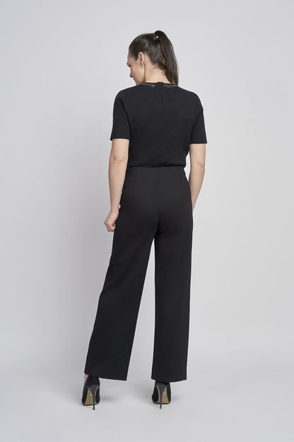 Pinns Wide leg Ponte Trouser with Button Detail. Black or navy 610T 2025