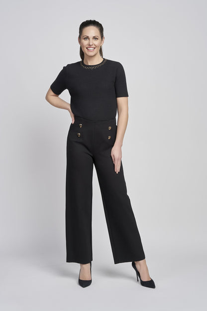 Pinns Wide leg Ponte Trouser with Button Detail. Black or navy 610T 2025