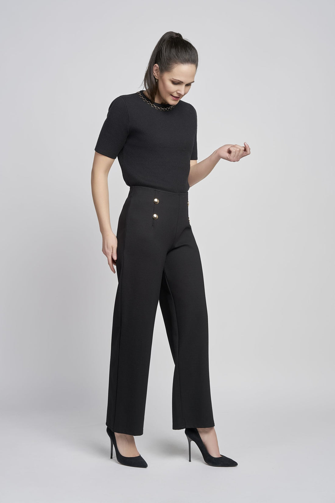 Pinns Wide leg Ponte Trouser with Button Detail. Black or navy 610T 2025