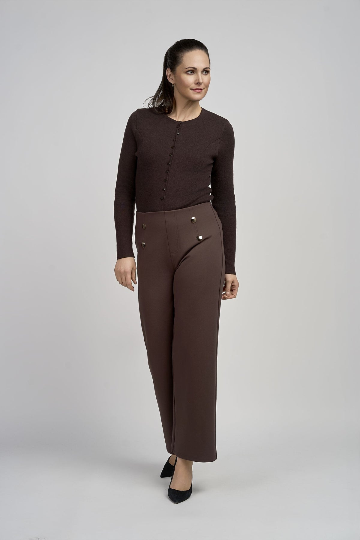 Pinns Wide Leg Ponte Trousers with Button Detail | 610T