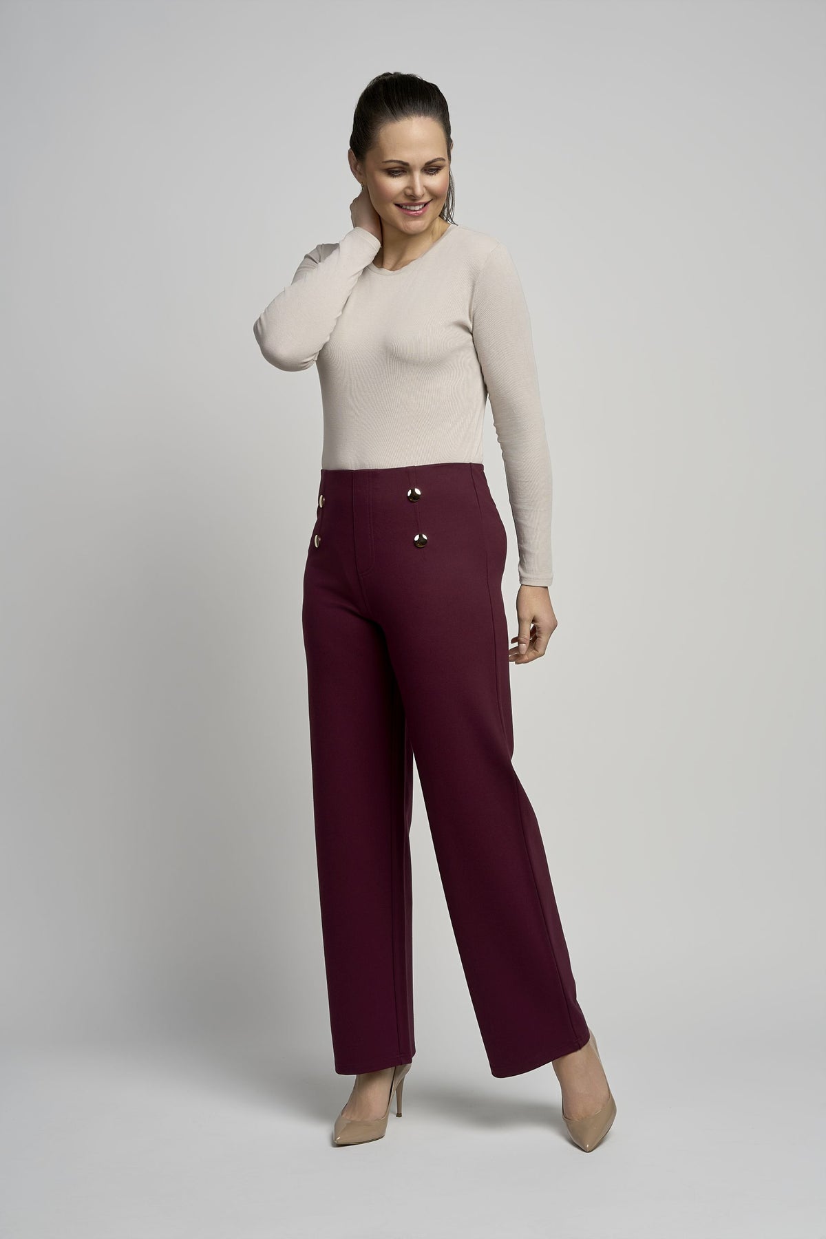 Pinns Wide Leg Ponte Trousers with Button Detail | 610T