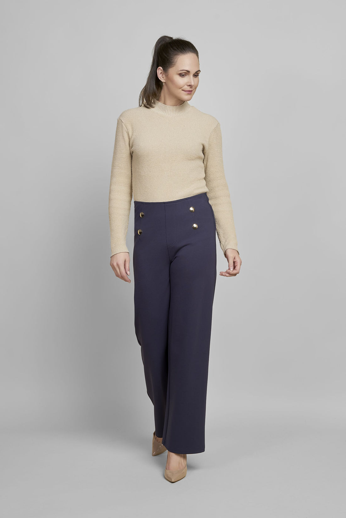 Pinns Wide leg Ponte Trouser with Button Detail. Black or navy 610T 2025