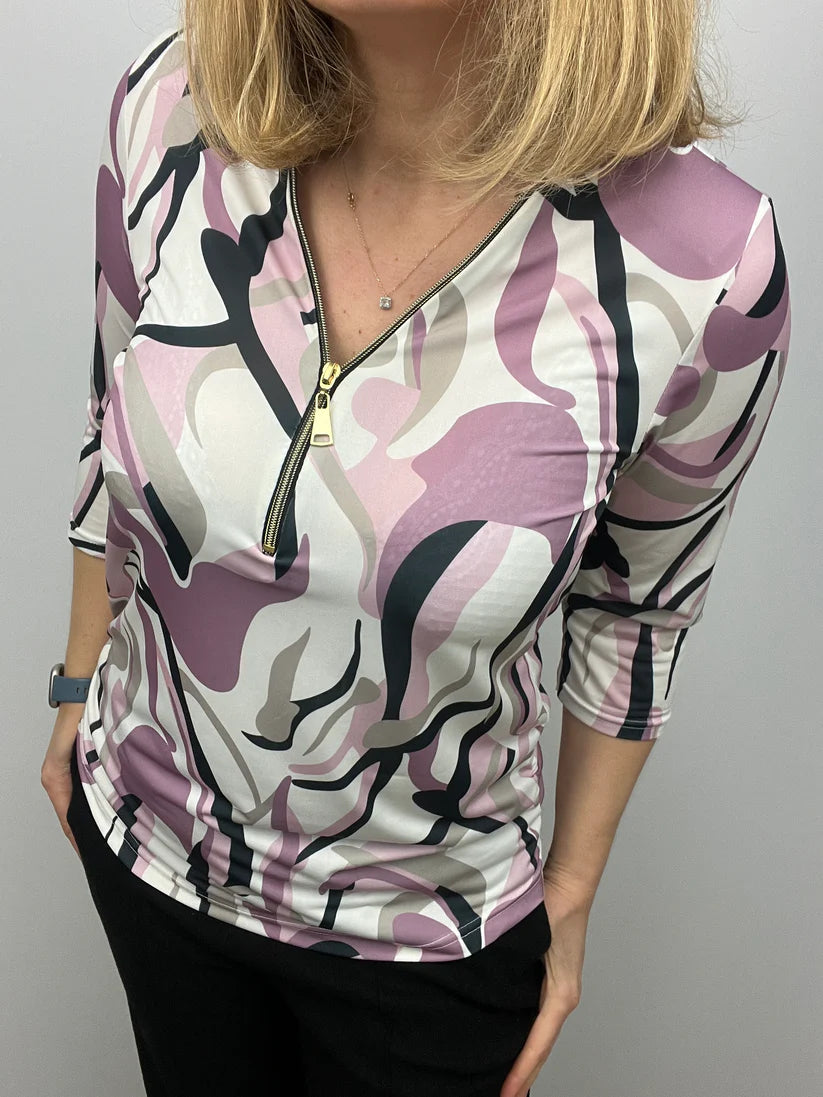 Ilona 3/4 sleeve zip top in Dusy pink and Beige mix Zip26 14