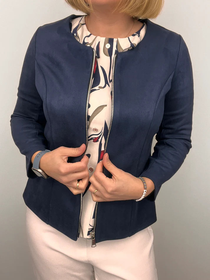 Yew Suede feel collarless jacket with 3/4 sleeves in Navy