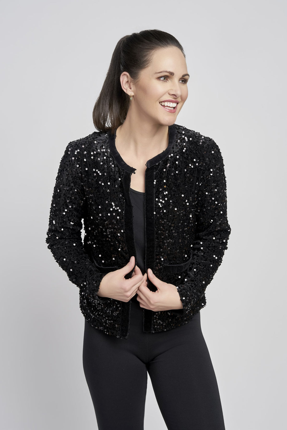 Pinns Black Sequin Jacket with Velvet trim detail 699Jk