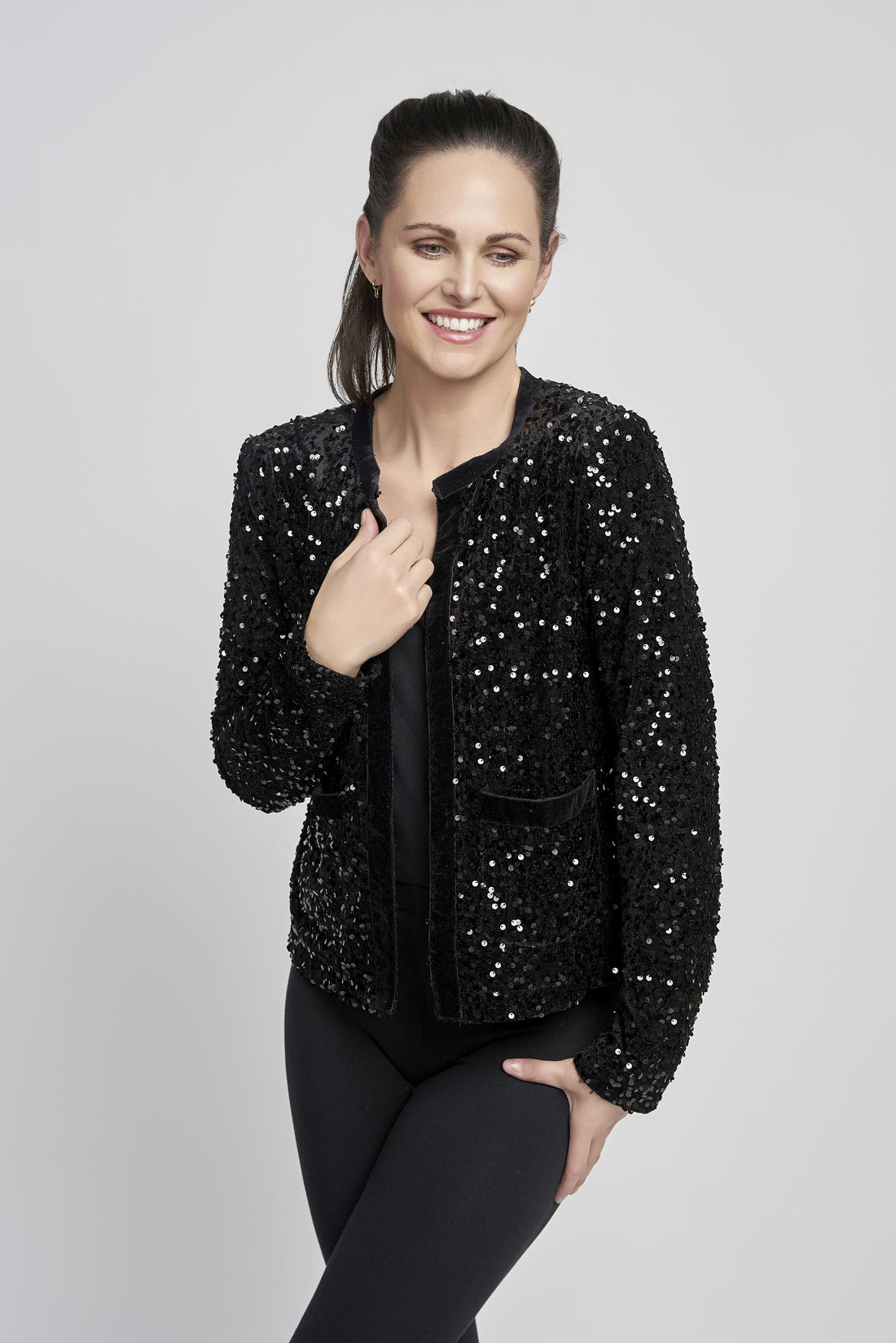 Pinns Black Sequin Jacket with Velvet trim detail 699Jk