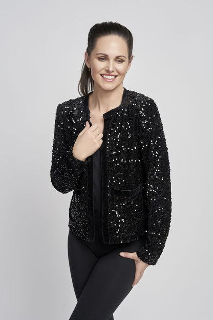 Pinns Black Sequin Jacket with Velvet trim detail 699Jk