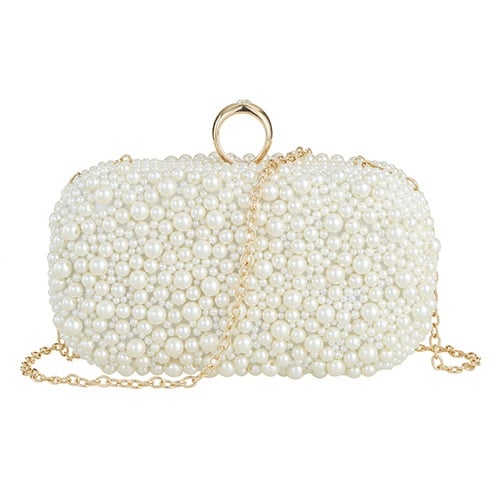 Pearl embellished clutch bag with gold hardware