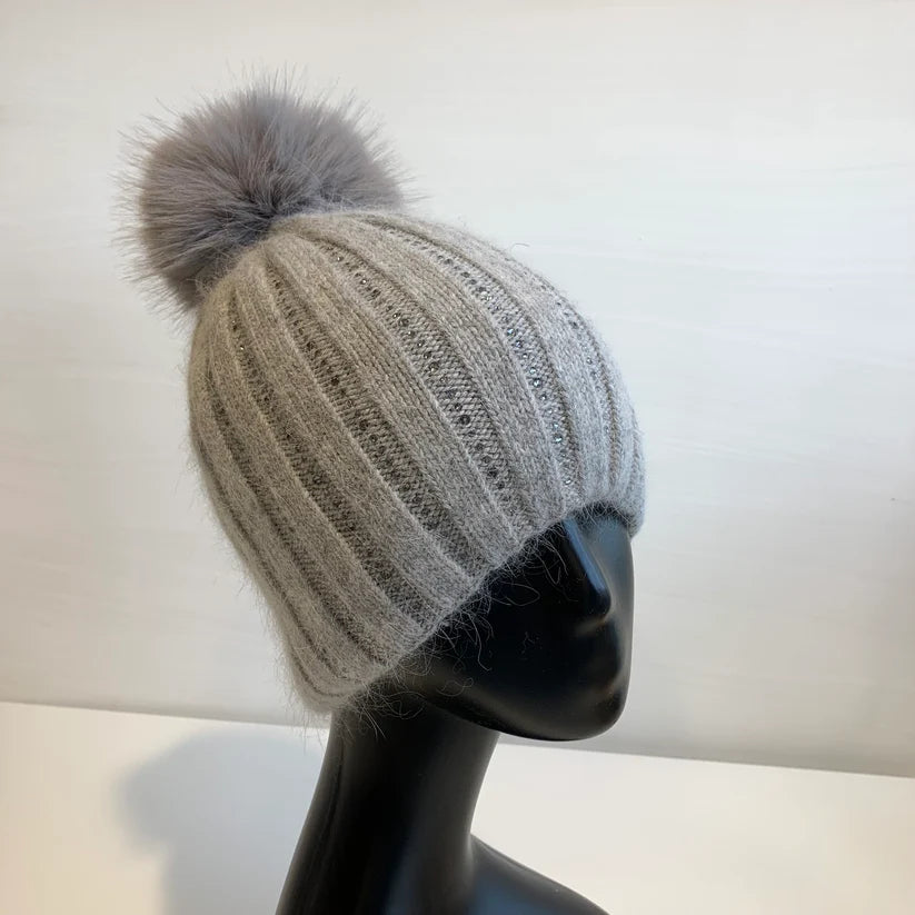 Angora Ribbed knit hat with subtle Diamante detail