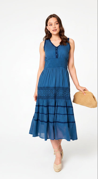 Stella Morgan Denim look tiered midi dress with shirred waist D183177