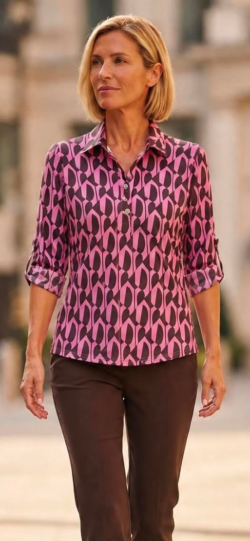 Brown/Pink retro print top with collar Yew26 41