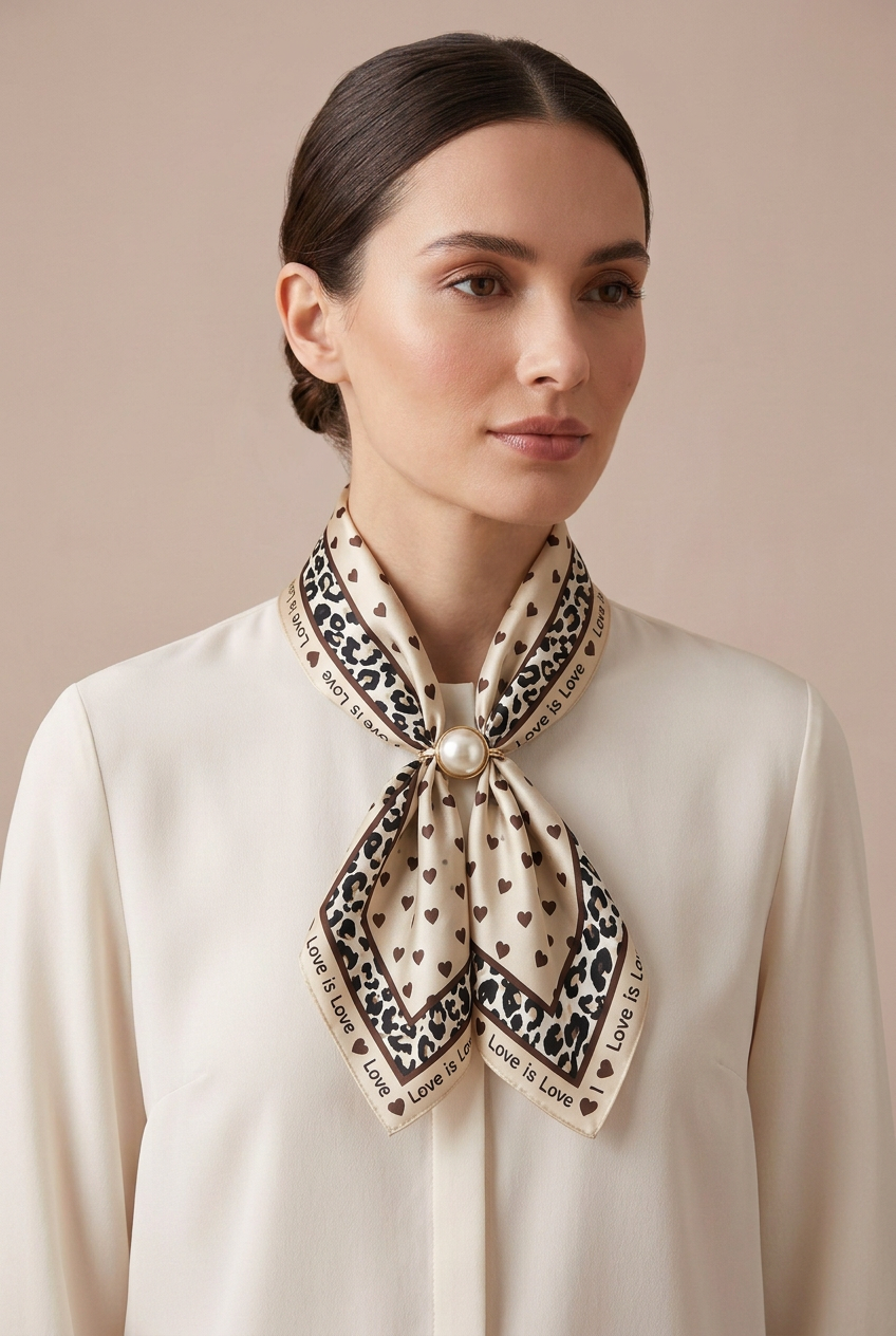 Silk Blend Scarf with Adjustable Pearl Clasp – Ivory Hearts