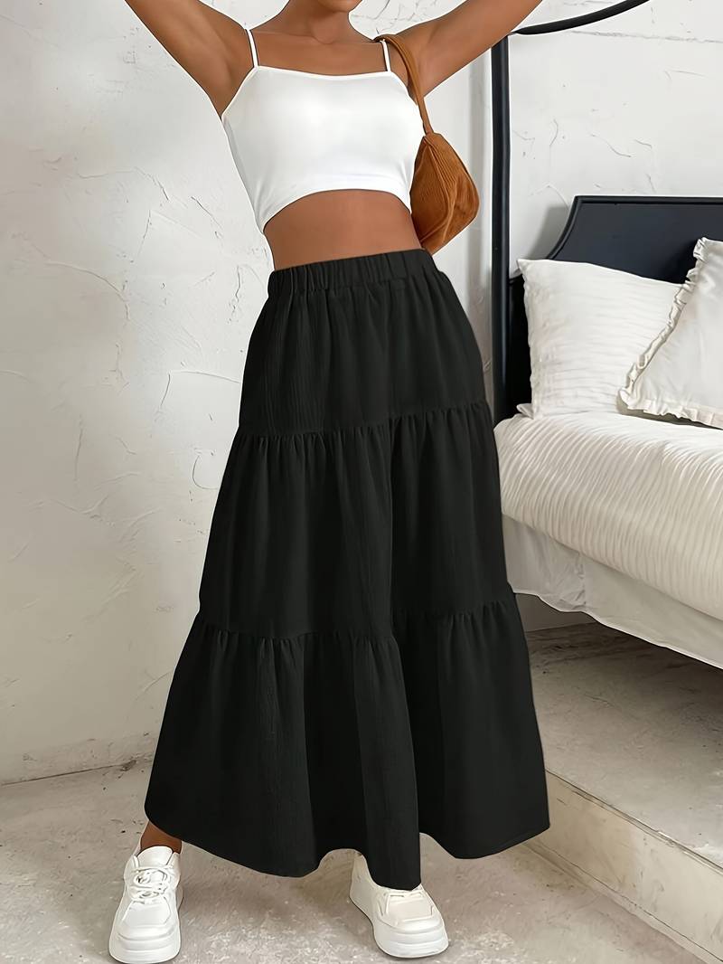 Crinkle Fabric Tiered Maxi Skirt in Black