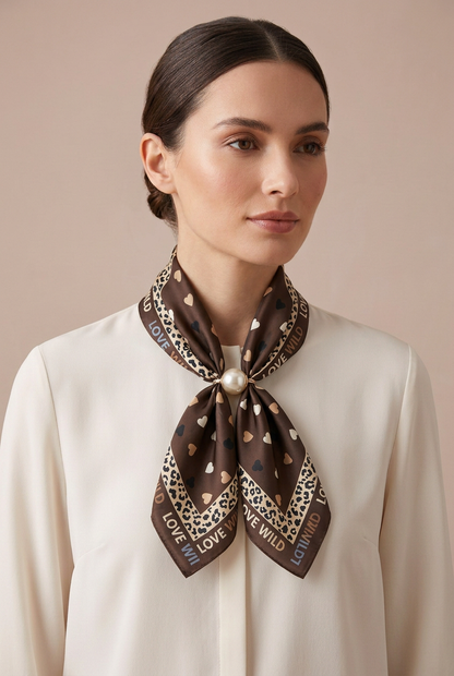 Silk Blend Scarf with Adjustable Pearl Clasp – Chocolate Hearts
