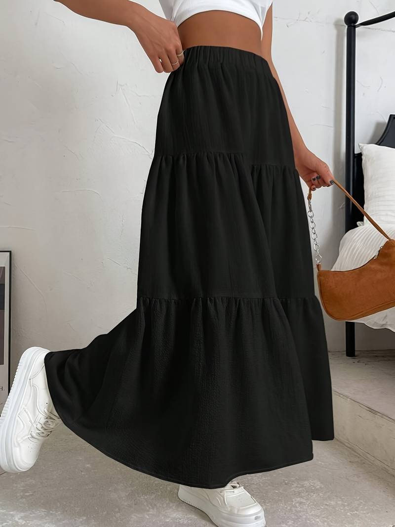 Crinkle Fabric Tiered Maxi Skirt in Black