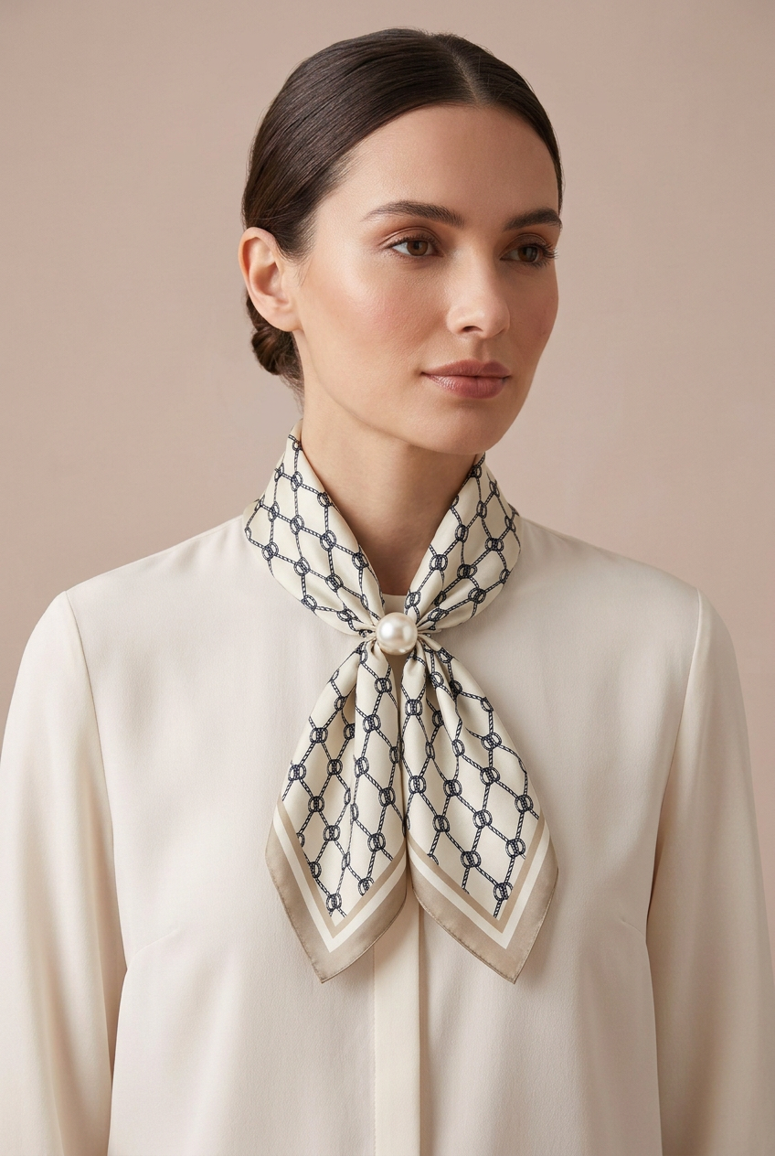 Silk Blend Scarf with Adjustable Pearl Clasp – Ivory &amp; Taupe Rope Print