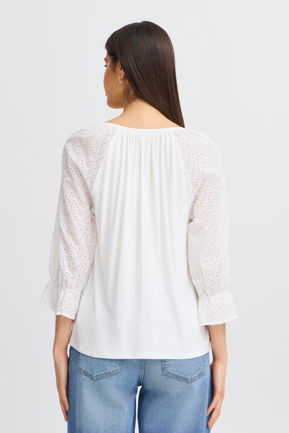 Fransa Off white top with Broderie Anglaise sleeve 20615580