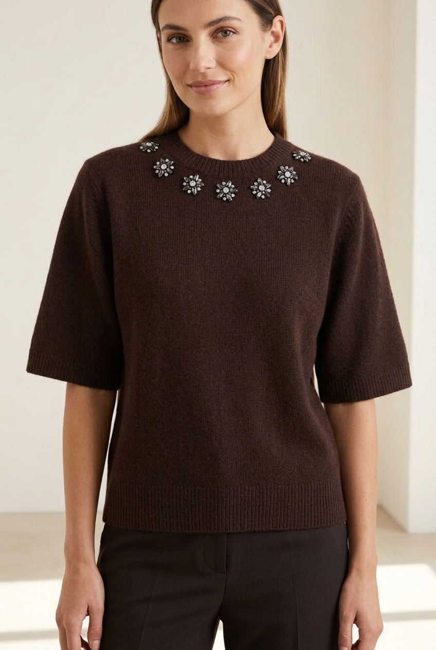 Byoung Short-Sleeve Knit with Jewelled Neckline