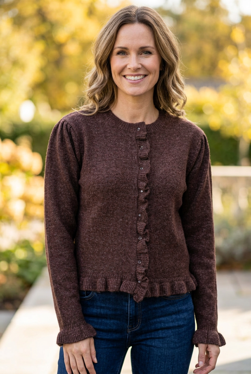 M.X.O. Supersoft Ruffle-Trim Cardigan in Brown