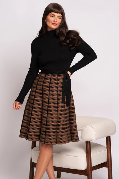 Black and Tan Knit Knee length dress with belt