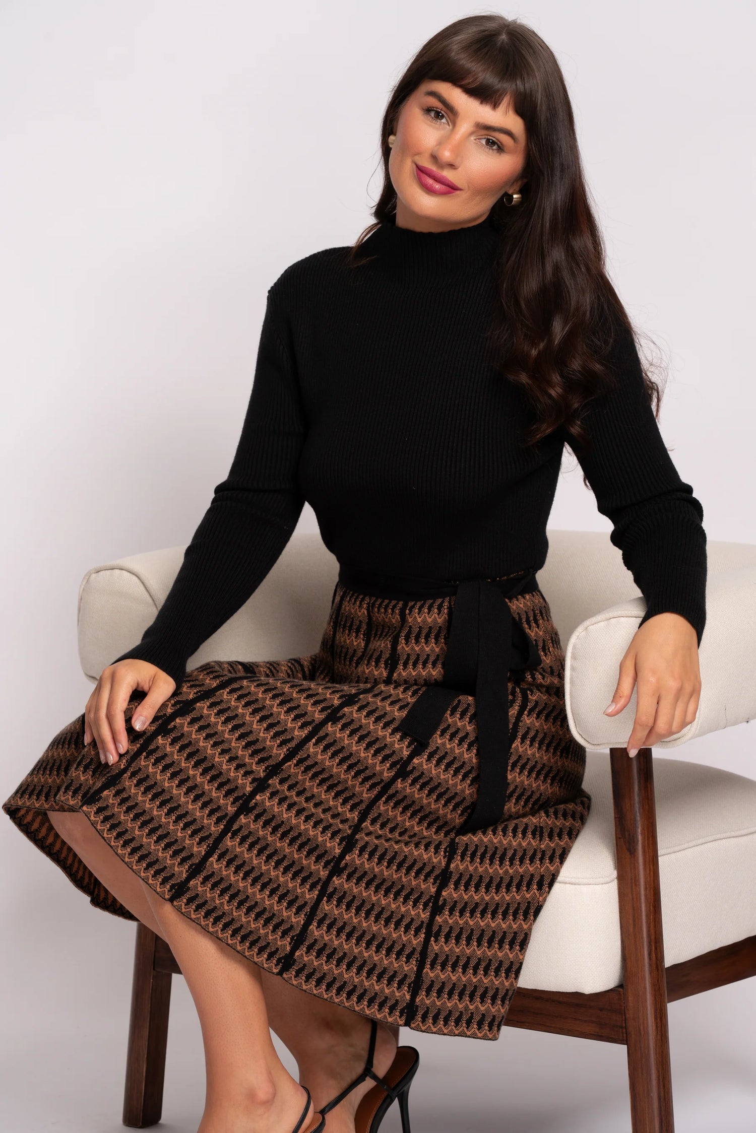 Black and Tan Knit Knee length dress with belt