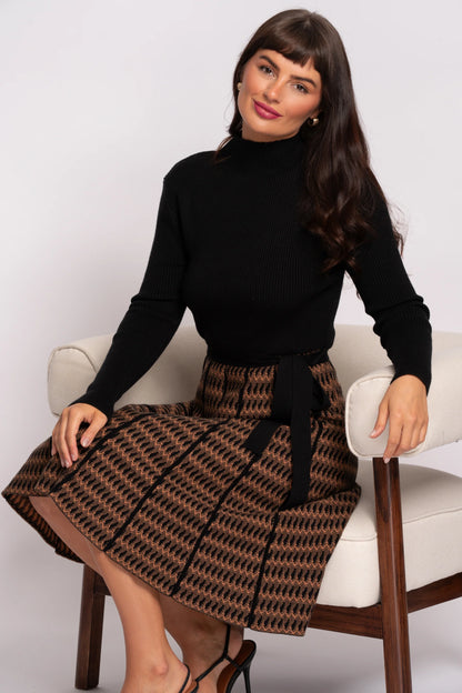 Black and Tan Knit Knee length dress with belt