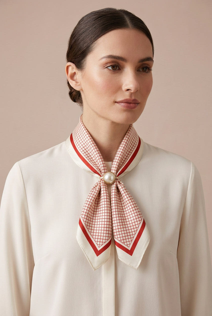 Silk Blend Scarf with Adjustable Pearl Clasp –Rust  &amp; Ivory Check