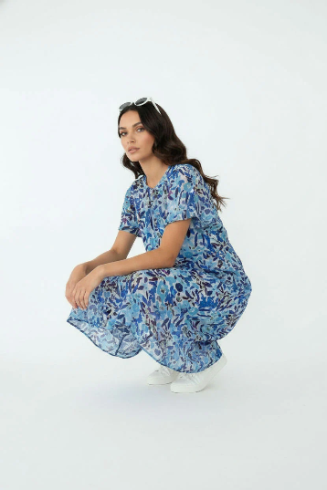 Marc Angelo flutter sleeve blue printed midi dress  Ma81178-D405blu