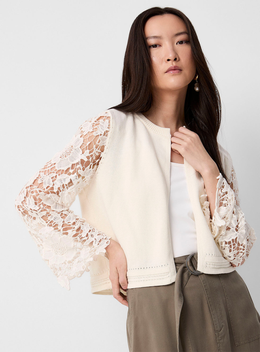 Fransa cotton cream Cardigan with Lace Crochet sleeves  20615477