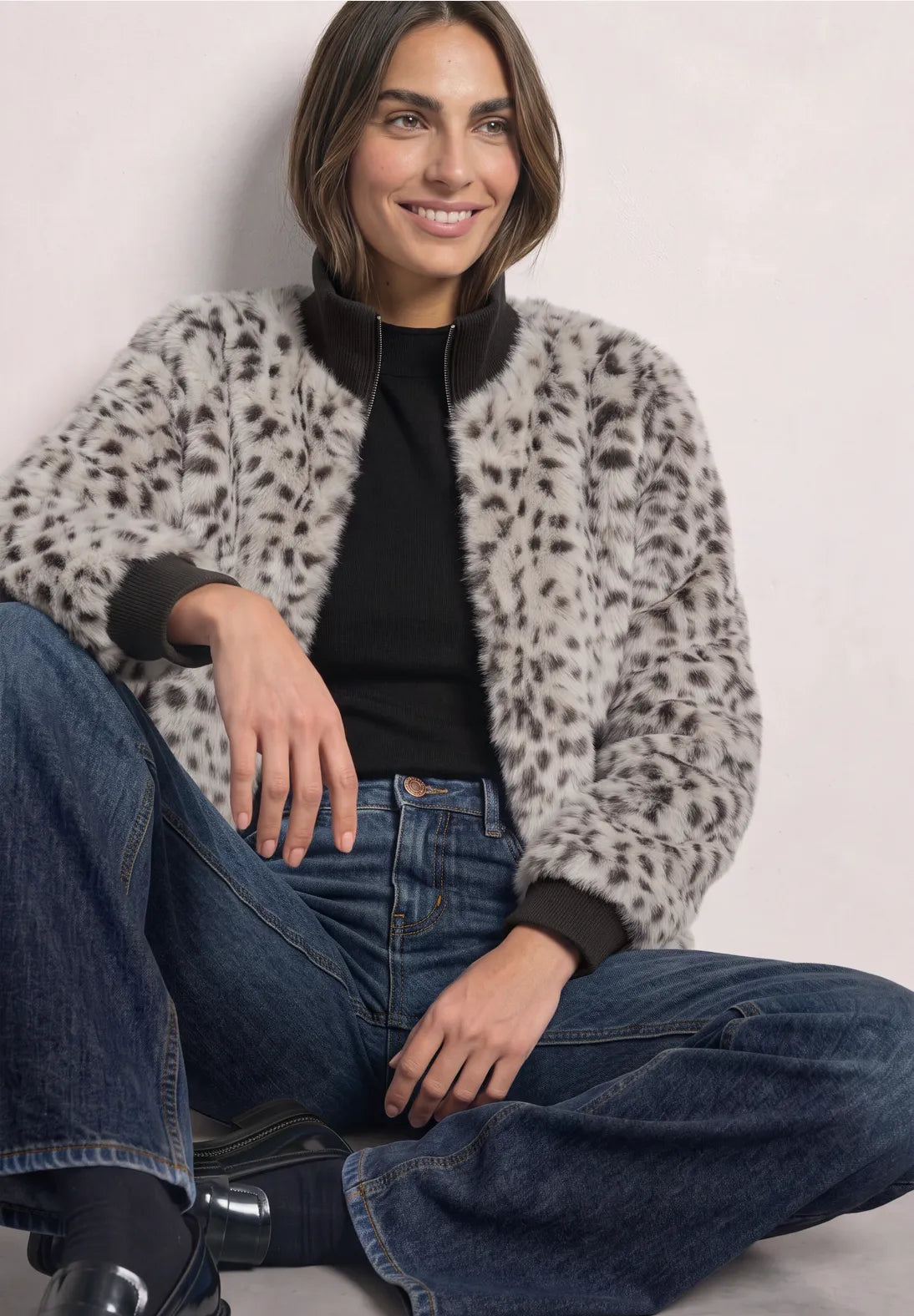Street One Fake fur jacket with animal print with drawstring waist feature  213217