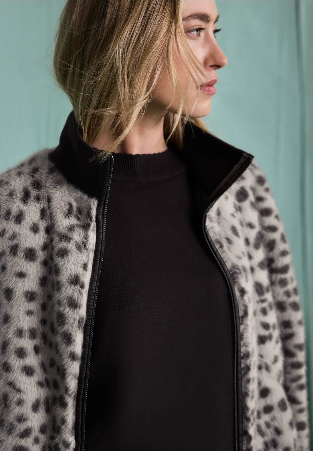 Street One Fake fur jacket with animal print with drawstring waist feature  213217