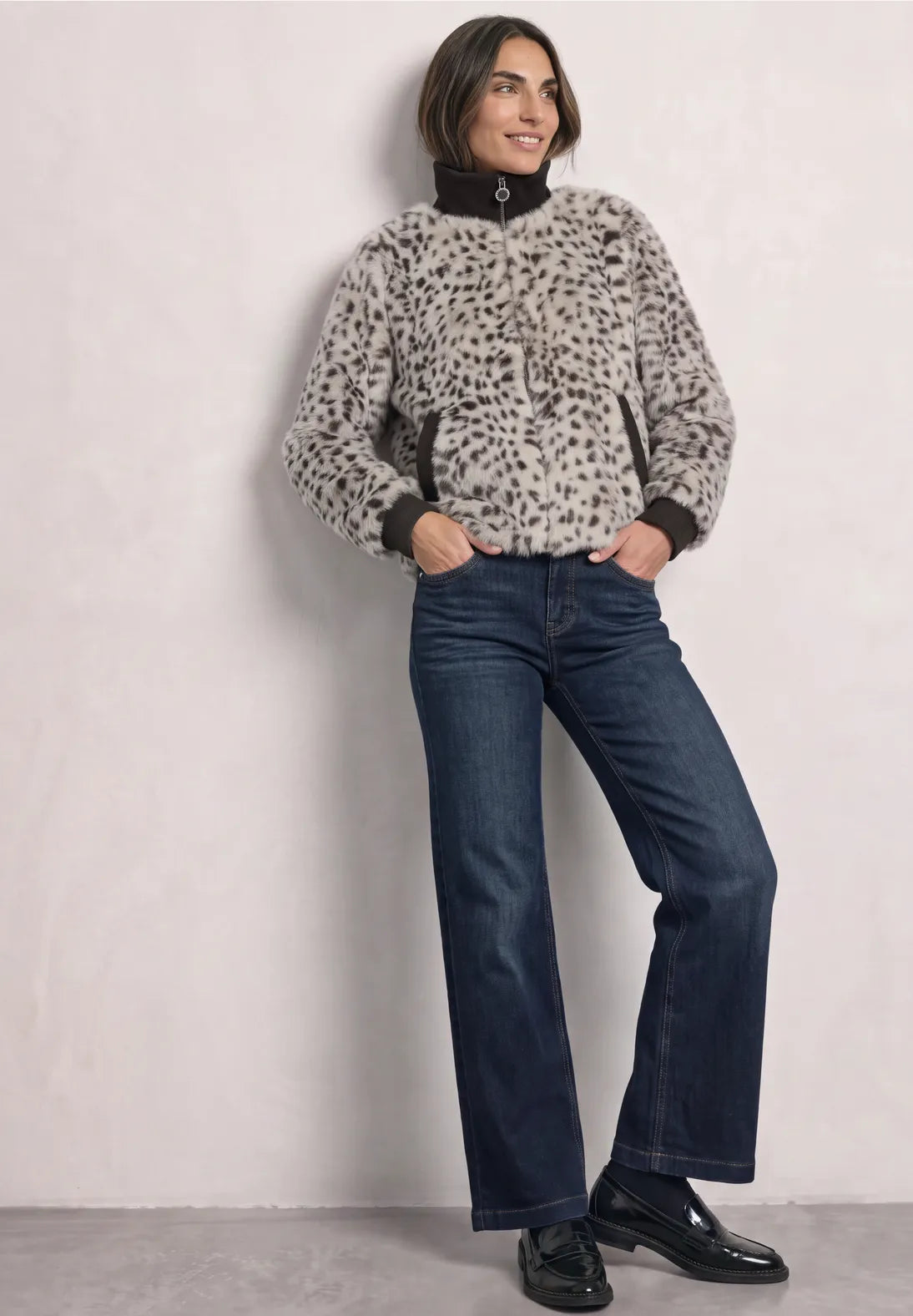 Street One Fake fur jacket with animal print with drawstring waist feature  213217
